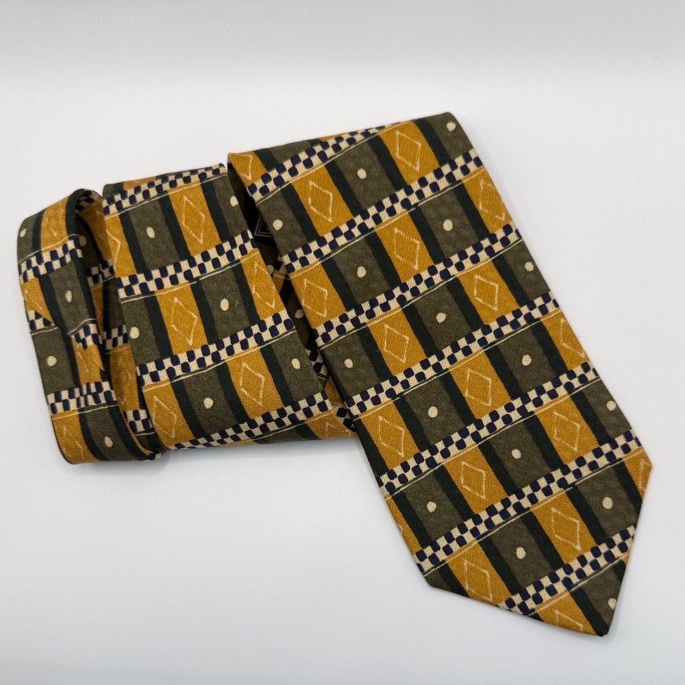 Guess Silk Tie OS Vintage 90s Geometric Diamond Checkered Mustard Olive Navy - Picture 2 of 7
